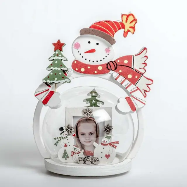 Χριστουγεννιάτικη κορνίζα ξύλινη υψος18cm x9,5cm για φωτογραφία 3,5x4,5cm μέσα σε γυάλινη μπάλα (χιονάνθρωπος ) (LS653)