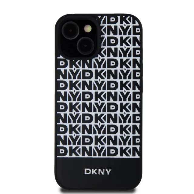 DKNY PU Leather Repeat Pattern Bottom Stripe MagSafe Case for iPhone 15 Black 2
