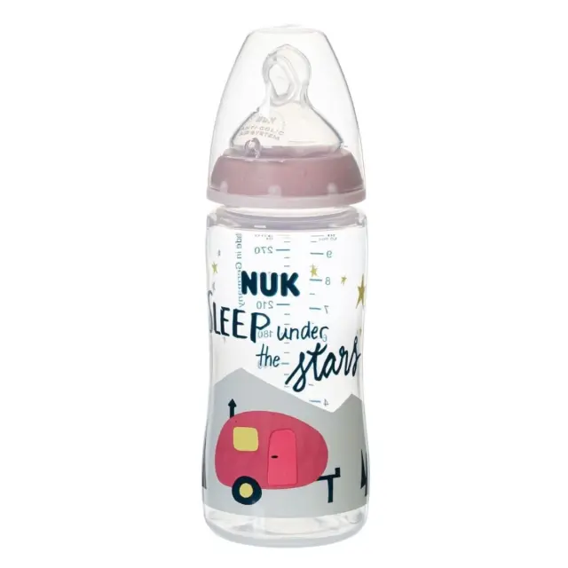 Nuk Πλαστικό Μπιμπερό First Choice Plus Hello Adventure Κατά των Κολικών με Θηλή Σιλικόνης 300ml για 6-18 μηνών Ροζ