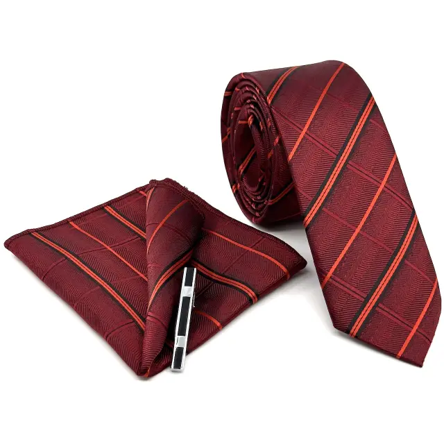 Κόκκινη Ριγέ Γραβάτα Microfiber Σετ με Μαντήλι