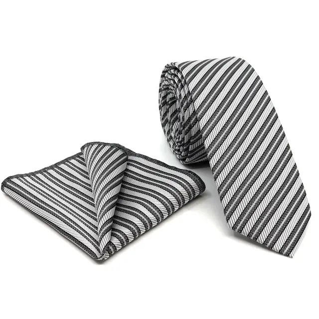 Ασημί Ριγέ Γραβάτα Microfiber Σετ με Μαντήλι Σχέδιο 285/C