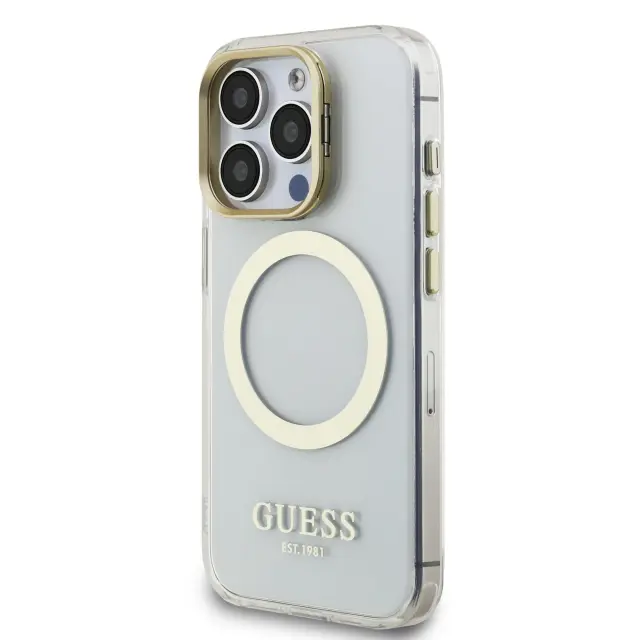Guess IML Gold Outline Stand Camera Frame MagSafe Case for iPhone 15 Pro Transparent 2