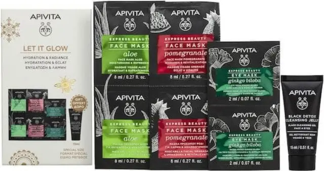 Apivita Promo Let it Glow for Hydration & Radiance Express Beauty Aloe Face Mask 2x8ml Pomegranate Face Mask 2x8ml Eye Mask Ginkgo Biloba 2x2ml & ΔΩΡΟ Black Detox Cleansing Jelly 15ml 1σετ