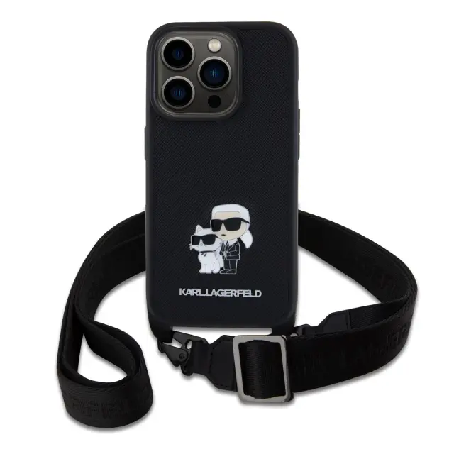 Karl Lagerfeld Saffiano Crossbody Strap Metal Karl and Choupette Case for iPhone 15 Pro Black 2