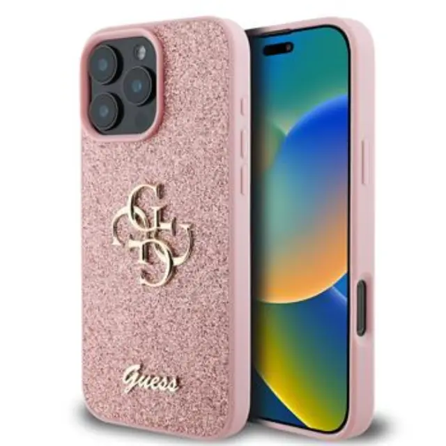 Guess PU Fixed Glitter 4G Metal Logo Case for iPhone 16 Pro Pink
