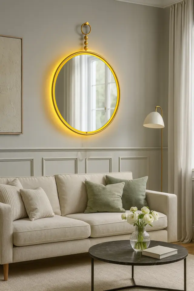 Stewehome Μεγάλος καθρέφτης τοίχου με LED φωτισμό και μεταλλικό πλαίσιο Κίτρινο 50x70 cm