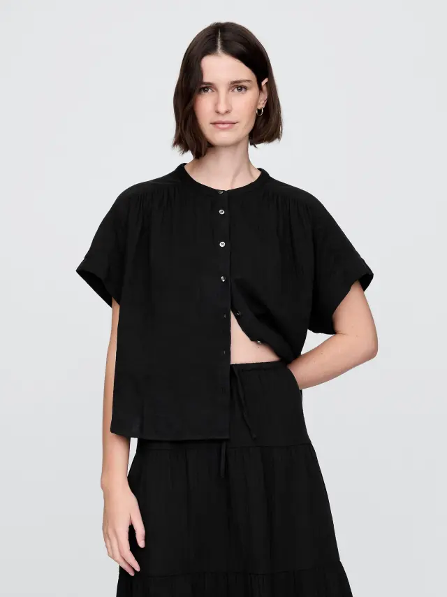 Μαύρη Crinkle Gauze Dolman Μπλούζα True black - L