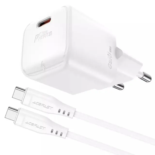 Φορτιστής Ταξιδίου Acefast A77 Mini Fast Charging 1xUSB-C PD30W QC3.0 GaN Λευκός + Καλώδιο USB-C σε USB-C