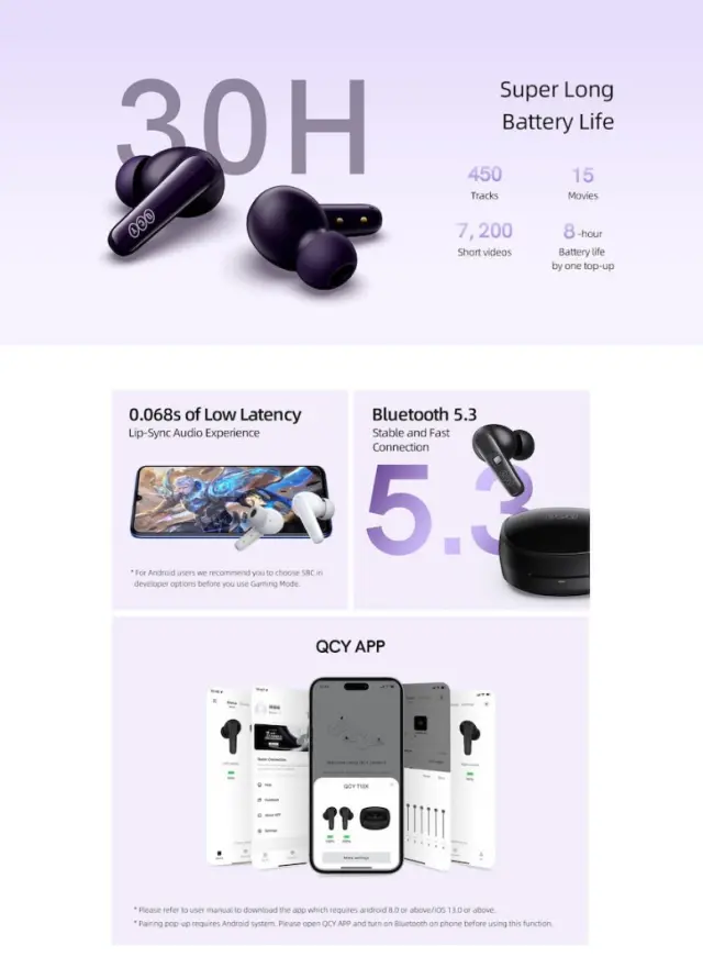 QCY T13X TWS BLACK – 30 HOUR BATTERY – TRUE WIRELESS IN-EAR EARBUDS – QUICK CHARGE 380MAH 3