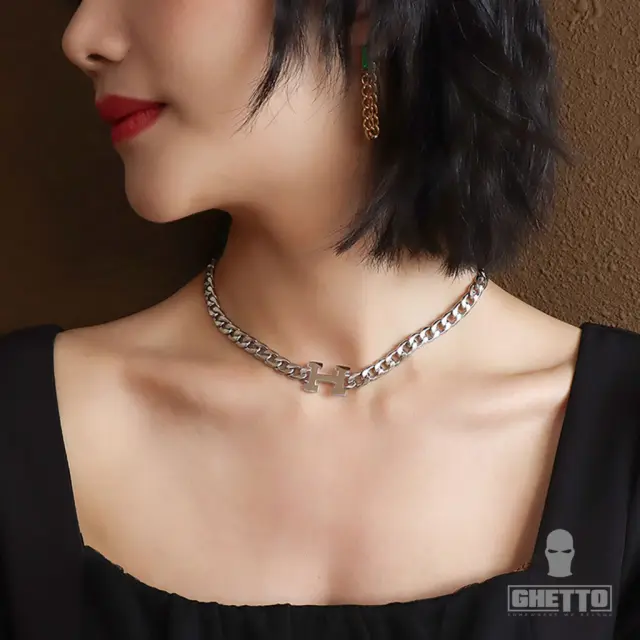 Ghetto H letter choker necklace women s Silver