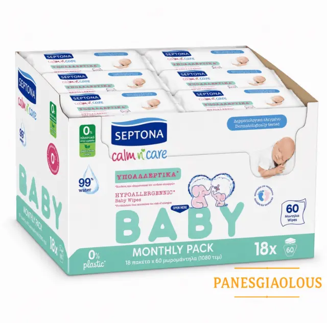 Septona calm n care υποαλλεργικα μωρομαντηλα με 99% νερο Monthly Pack 18x60τμχ 1080 μωρομαντηλα