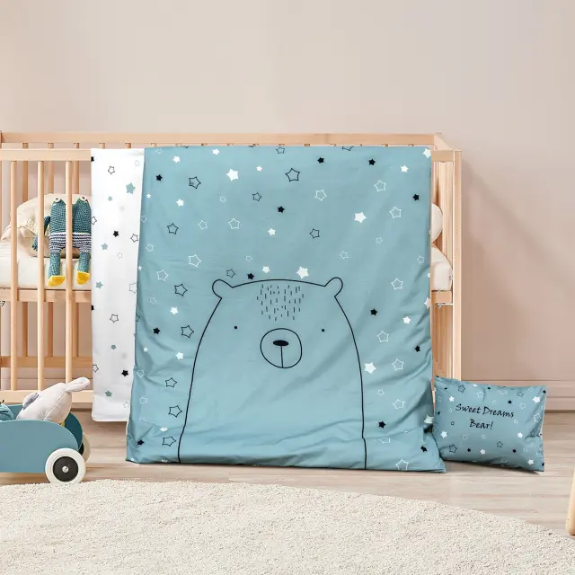 Σετ Σεντόνια Κούνιας 120x160 Beauty Home Bear 5185 Σιέλ 100% βαμβακερόΧωρίς Λάστιχο