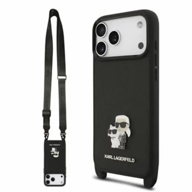 Karl Lagerfeld Saffiano Crossbody Strap Metal Karl and Choupette Case for iPhone 18 Pro Black