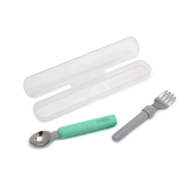 Melii Κουτάλι & Πιρούνι σε θήκη Spork On the Go Mint/Grey MEL11250 2