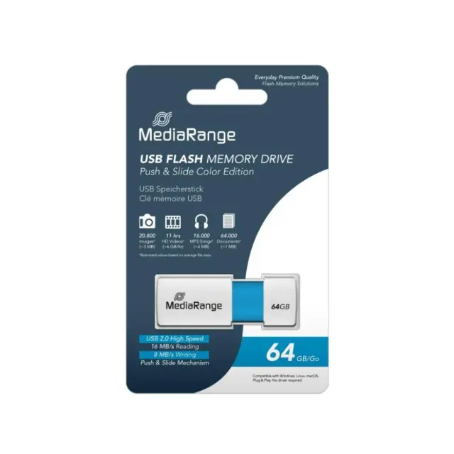 MediaRange USB 2.0 flash drive, color edition, light blue, 64GB (MR974) MR SSD & USB FLASH DRIVES & MEMORY CARDS