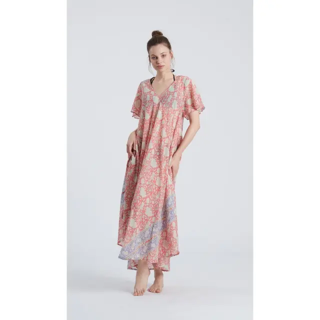 Γυναικείο φόρεμα κοντομάνικο V λαιμόκοψη Maxi Pink Pines Τύπος 6651 Happy People - M/L