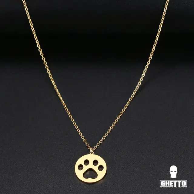 Ghetto Round Hollow Dog Paw Necklace Stainless Steel Gold