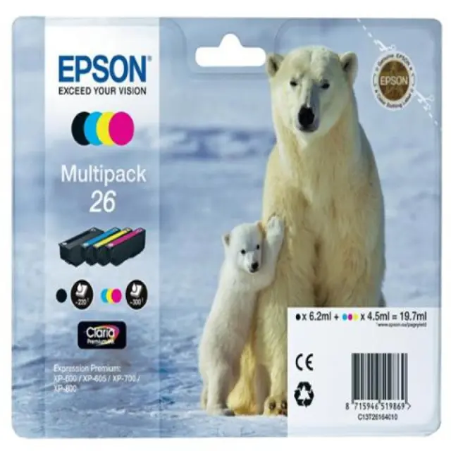 Epson 26 Γνήσιο Πακέτο 4 Μελανιών Εκτυπωτή InkJet Κίτρινο / Κυανό / Ματζέντα / Μαύρο (C13T26164010)