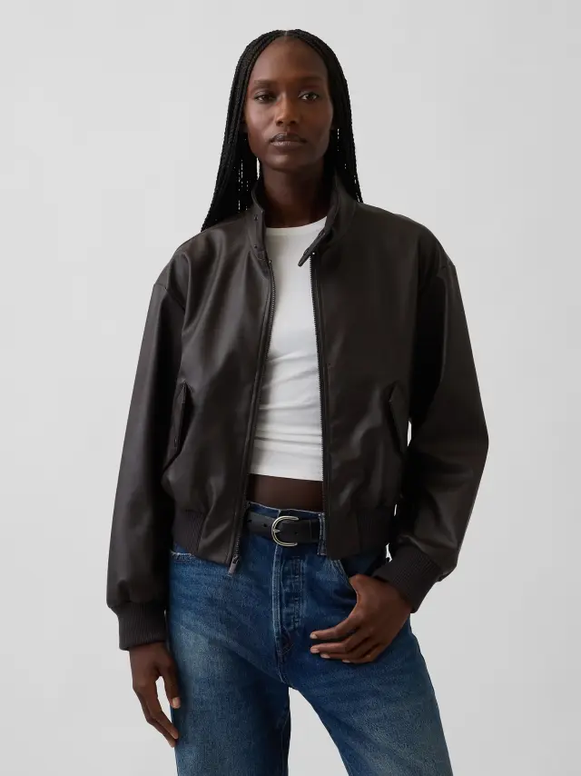 Γυναικείο Μπουφάν Bomber από Vegan Δέρμα Dark brown