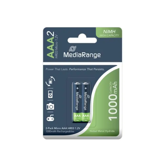 MediaRange High Capacity Rechargeable NiMH Accus Micro AAA|HR03|1.2V Pack 2 (MRBAT122)
