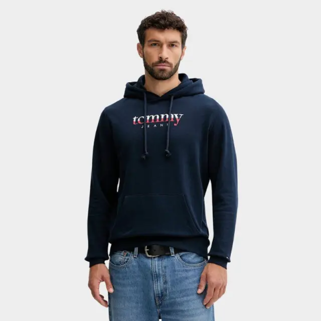 Tommy Hilfiger - Ανδρικό Φούτερ Logo Drawstring Terry Hoodie Regular Fit DM0DM22113-C1G Μπλε Σκούρο - 2XL