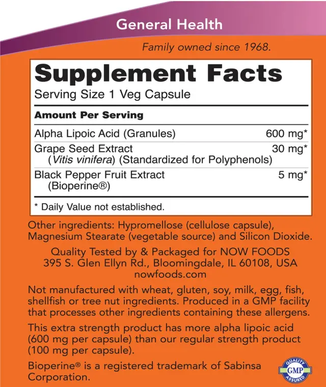 Now Foods Alpha Lipoic Acid, Extra Strength 600 mg 60 Veg Capsules 2