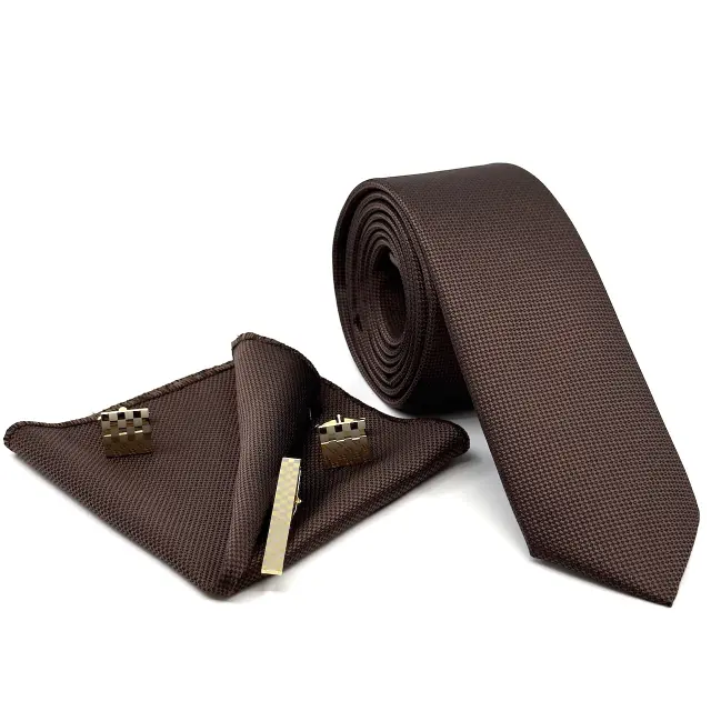 Καφέ Γραβάτα Oxford 6,5 cm με Ασορτί Μαντήλι