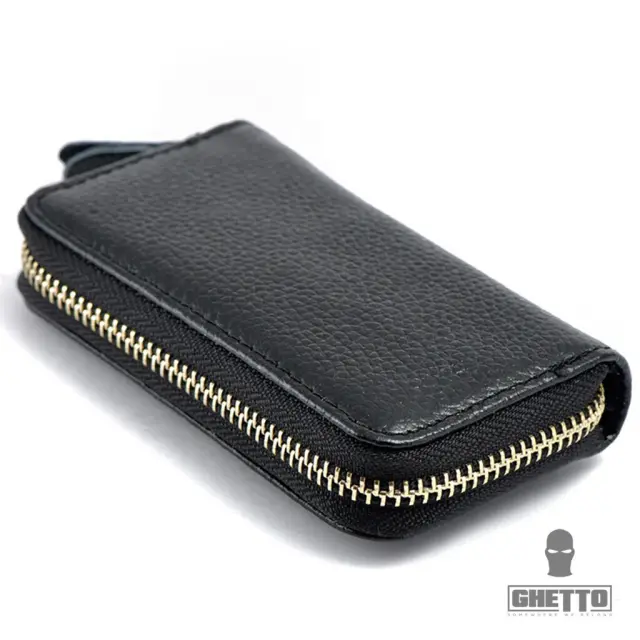 Ghetto Vintage Leather Zipper Key Holder Wallet | Compact Key Organizer with Card Slots Black