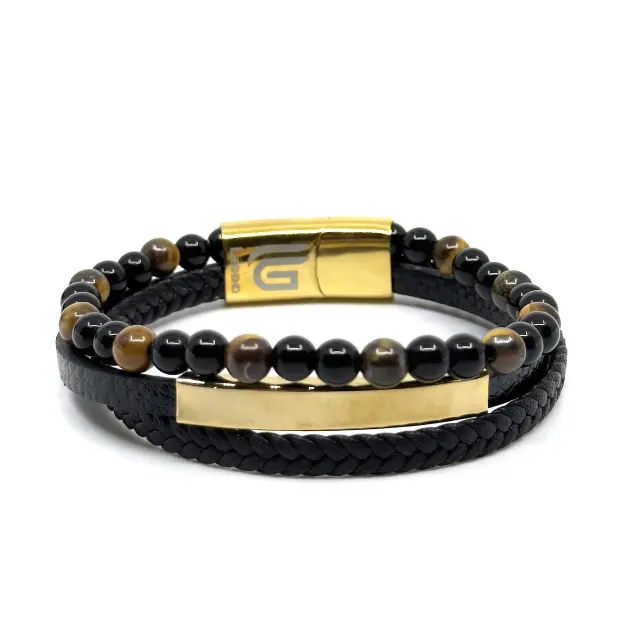 Μαύρο Χρυσαφί Δερμάτινο Βραχιόλι Tiger Eye