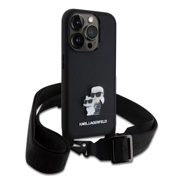 Karl Lagerfeld Saffiano Crossbody Strap Metal Karl and Choupette Case for iPhone 15 Pro Black 3