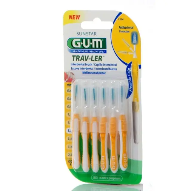 GUM Trav-Ler Μεσοδόντια Βουρτσάκια 1,3mm Κίτρινο 1514 με Προστατευτικά Καπάκια 6 Τεμάχια