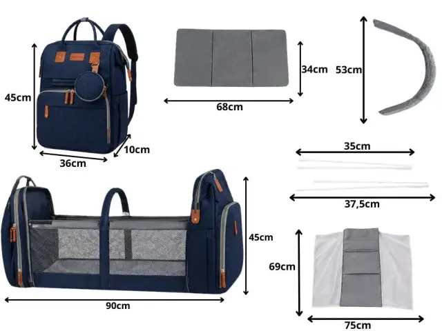 Mommy Bag Τσάντα Αλλαξιέρα Πλάτης Μωρού με Πτυσσόμενο Κρεβάτι & USB Μπλε 2