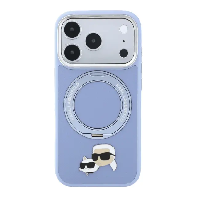 Karl Lagerfeld PU Grained K&CH Heads Ring Stand Magsafe Case for iPhone 18 Pro Max Blue 3