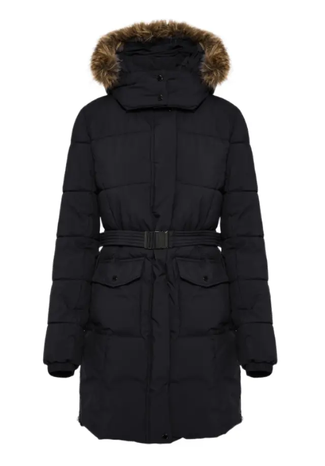 Funky Buddha γυναικείο μακρύ puffer μπουφάν με ζώνη και κουκούλα FBL014-101-01-1