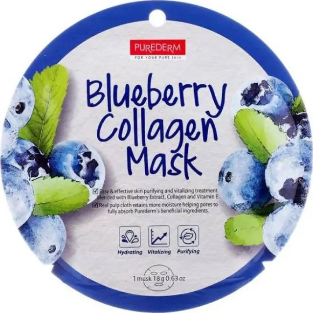 Purederm Blueberry Collagen Mask Sheet Μάσκα Προσώπου Με Blueberry & Κολλαγόνο 18g