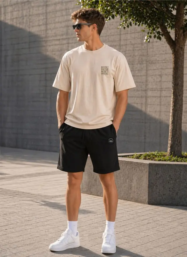 Noshame® Σετ T-shirt Oversized & Βερμούδα Μπεζ-Μαύρο με τύπωμα - 752615 - XXL 2