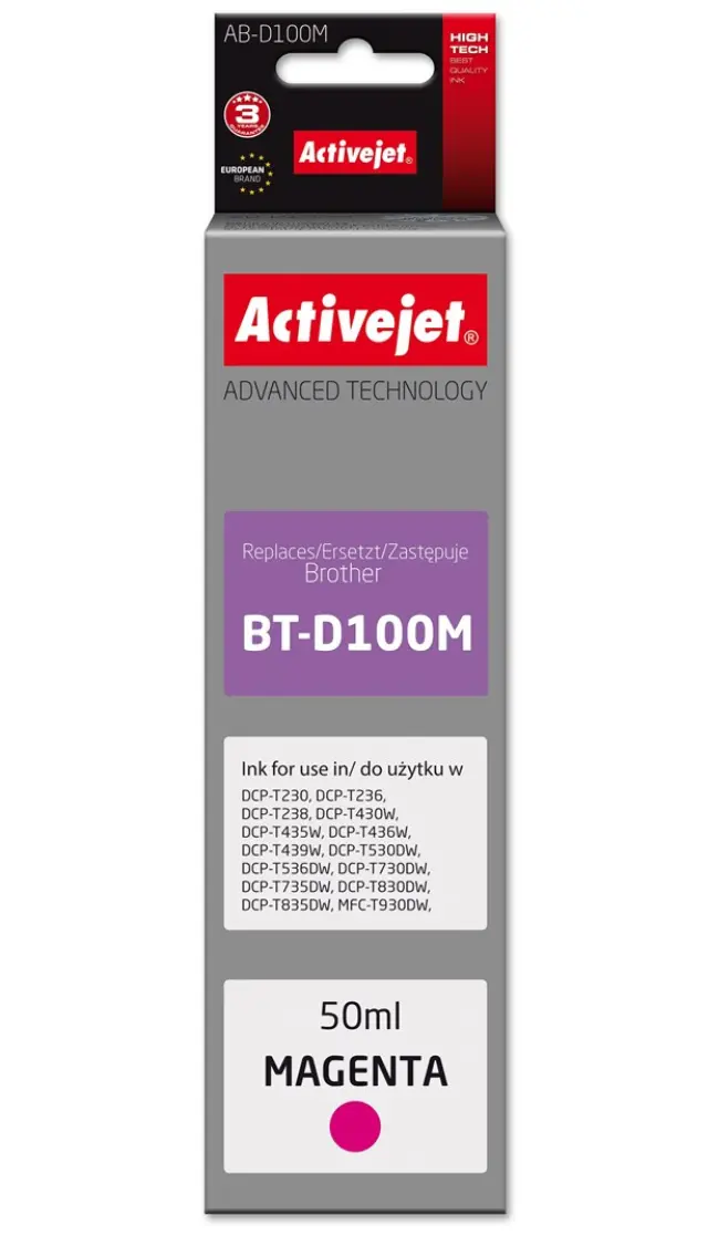 Activejet AB-D100M Ink cartridge for Brother printers, replacement for Brother BT-D100M; Supreme; 50 ml; magenta