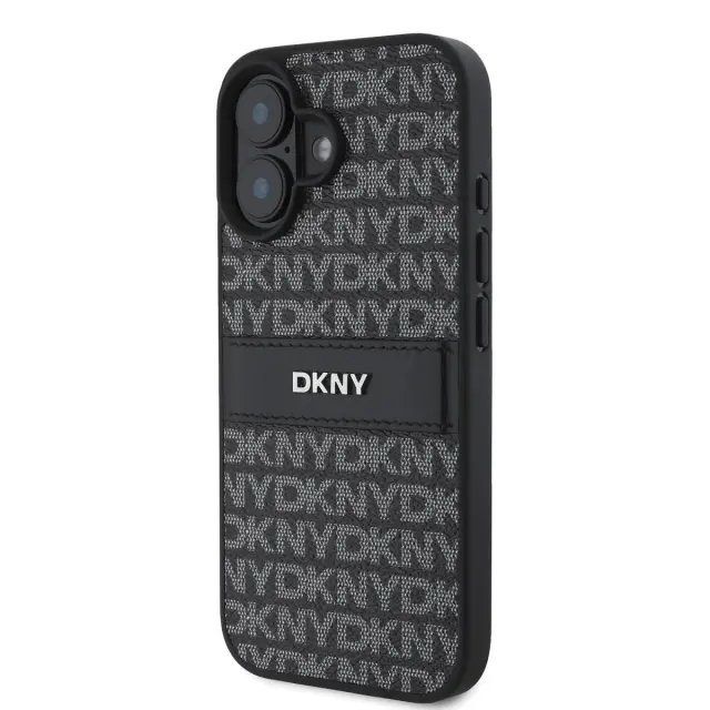 DKNY PU Leather Repeat Pattern Tonal Stripe Case for iPhone 16 Plus Black 3