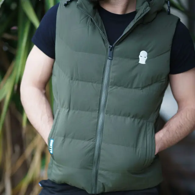 Ghetto Men’s Puffer Vest with Embroidered Mask Logo | Streetwear Green