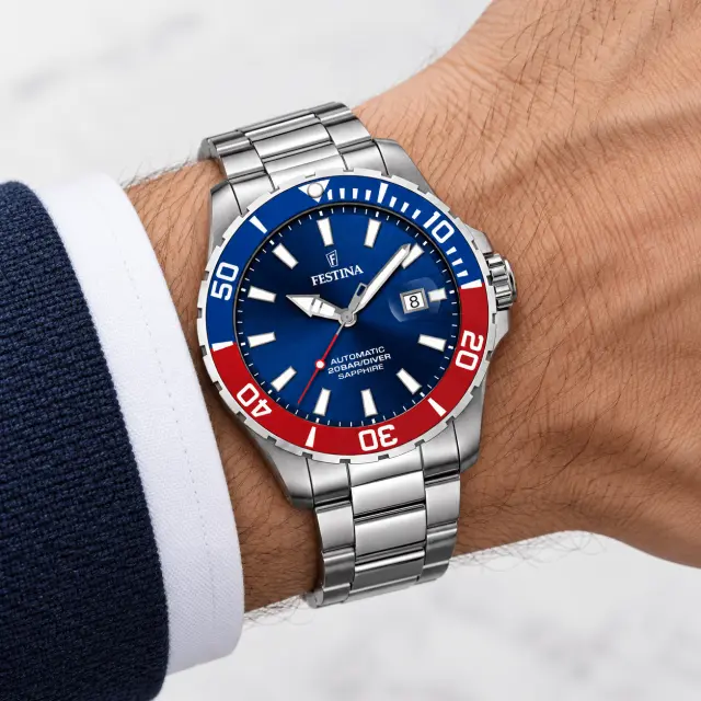 Ανδρικό Αυτόματο Ρολόι Festina Diver Sapphire F20531/5 Μπλε Καντράν με Ατσάλινο Μπρασελέ 2