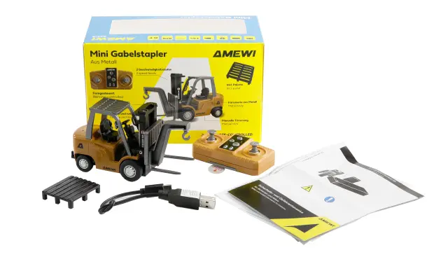 AMEWI Mini Metal Forklift Τηλεκατευθυνόμενο Κλαρκ με Μεταλλικό Αμάξωμα, Ανυψωτικό Μηχανισμό & Παλέτα 1:64 22715 2