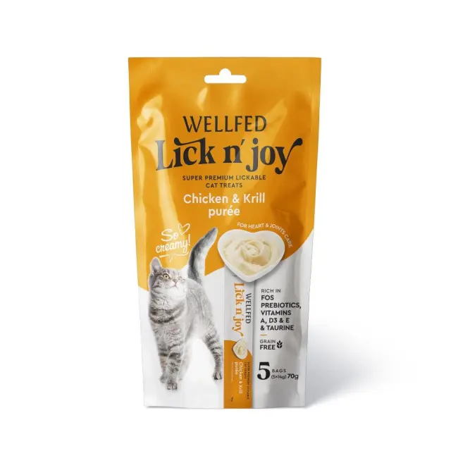 Wellfed Lick N' Joy Λιχουδιά σε Κρέμα με Γεύση Κοτόπουλο & Κριλ για Γάτες (5x14gr) Μονόχρωμο
