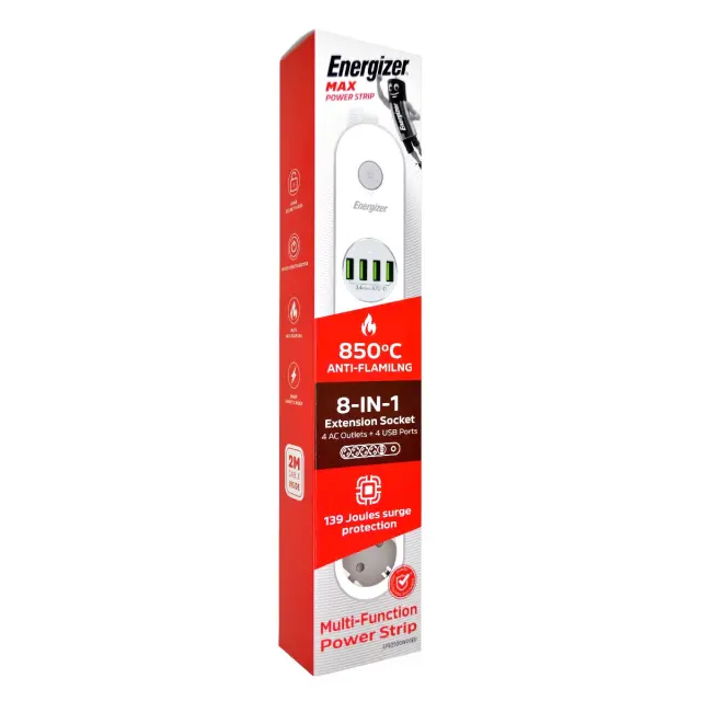 Πολύπριζο Energizer EPB2500W00EU με 4 Θύρες Σούκο 2500W 10A Max, 4xUSB-A Θύρες 17W και Διακόπτη Ασφαλείας On/Off Καλώδιο 2m Λευκό 2