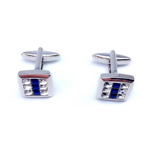 Ασημί Σχεδιαστικά Μανικετόκουμπα με Μπλε Zircon και Στρας – LGD-DK-06 2