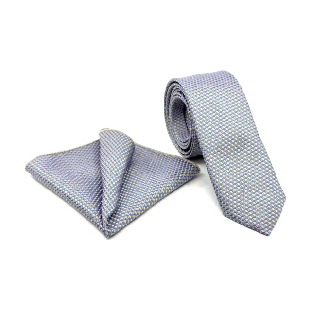 Ασημί–Χρυσαφί Γεωμετρική Γραβάτα Microfiber Σετ με Μαντήλι 6,5 cm