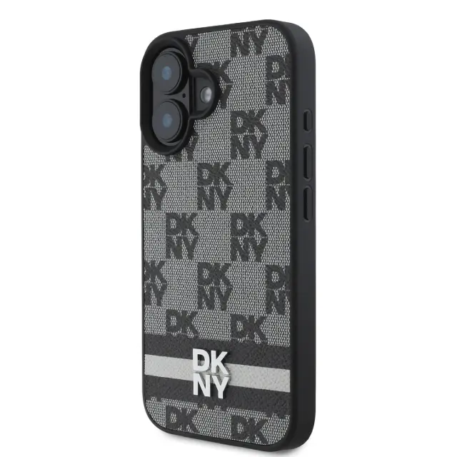 DKNY PU Leather Checkered Pattern and Stripe Case for iPhone 16 Black 3