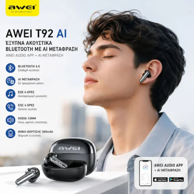 Awei T92 In-ear Bluetooth Handsfree Ακουστικά με Θήκη Φόρτισης Μαύρα 3