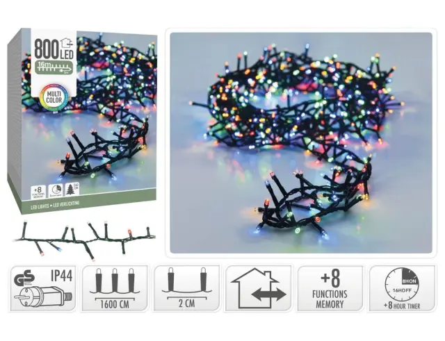 800 Φωτάκια LED - 16 Μέτρα + 3 Μέτρα σύνδεσης , Κανονική Διάταξη, με χειριστήριο, 8 προγράμματα, Πράσινο καλώδιο PVC - Πολύχρωμο AX8560230