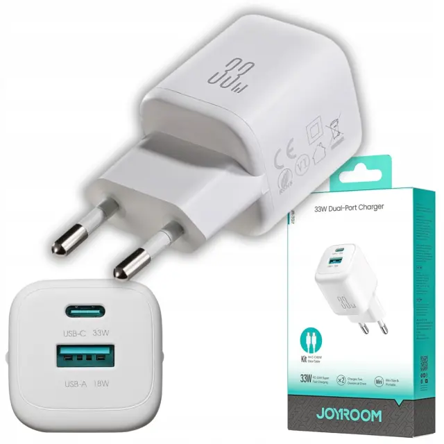 Joyroom® Φορτιστής Θύρα USB-A & USB-C με Καλώδιο USB-C - USB-C 33W PD / QC 3.0-Λευκός