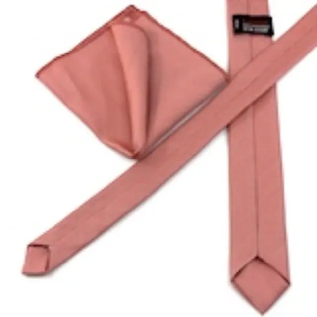 Κοραλί Oxford Γραβάτα Slim 4,5 cm Σετ με Μαντηλάκι 3